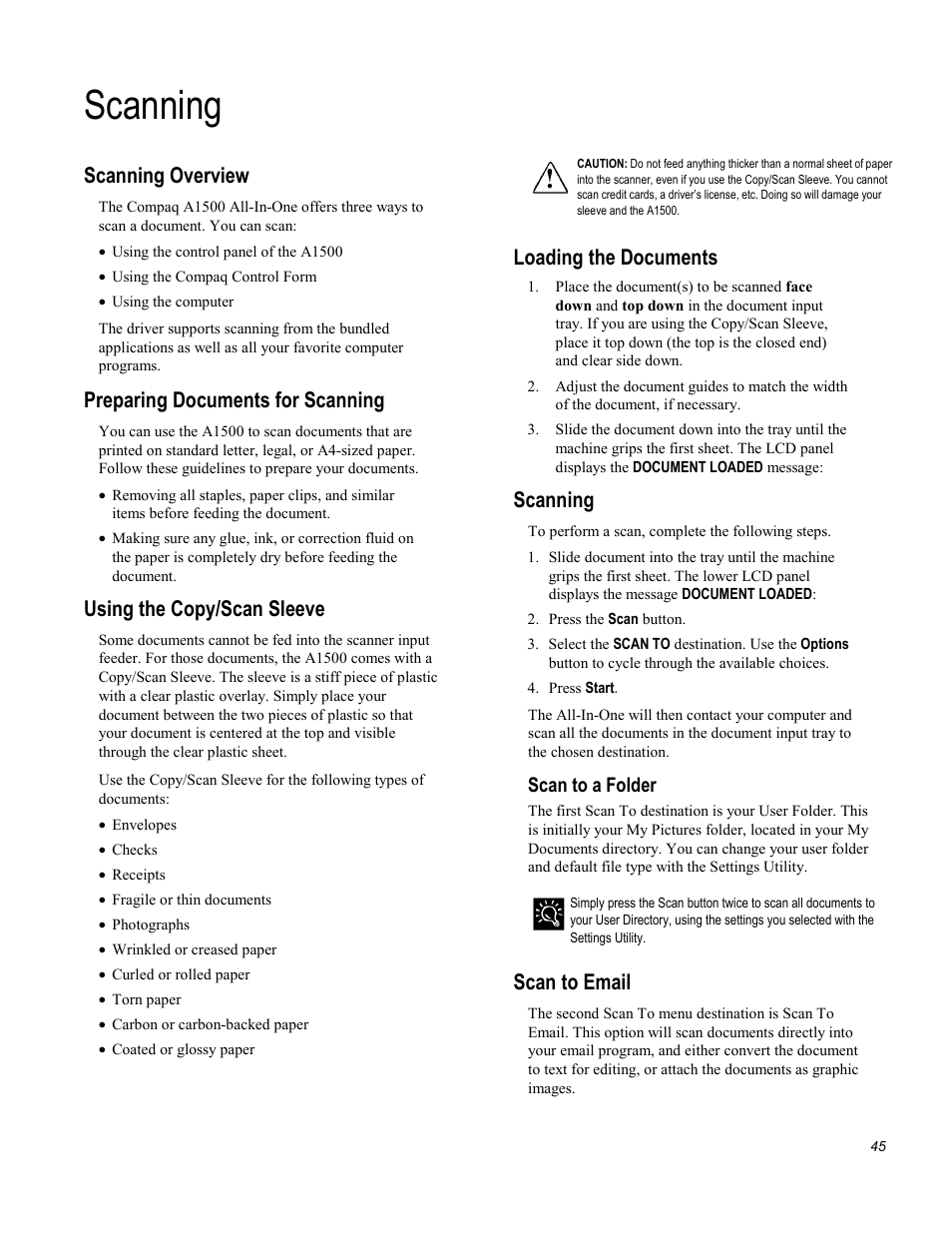Scanning, Scanning overview, Preparing documents for scanning | Using the copy/scan sleeve, Loading the documents, Scan to email, Scan to a folder | Compaq Printer A1500 User Manual | Page 49 / 81