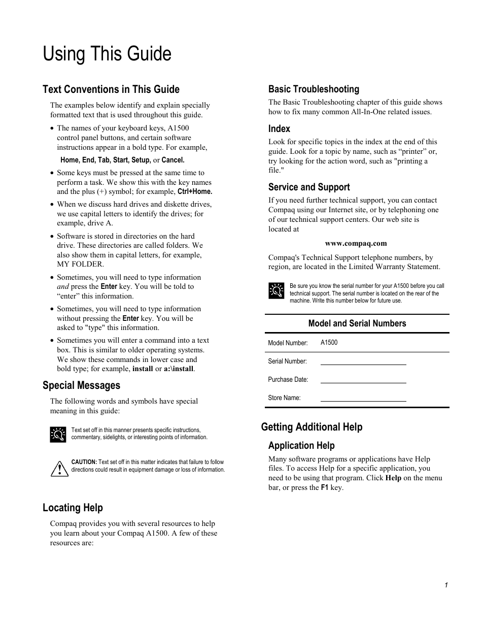 Using this guide, Text conventions in this guide, Special messages | Locating help, Getting additional help, Basic troubleshooting, Index, Service and support, Application help | Compaq Printer A1500 User Manual | Page 5 / 81