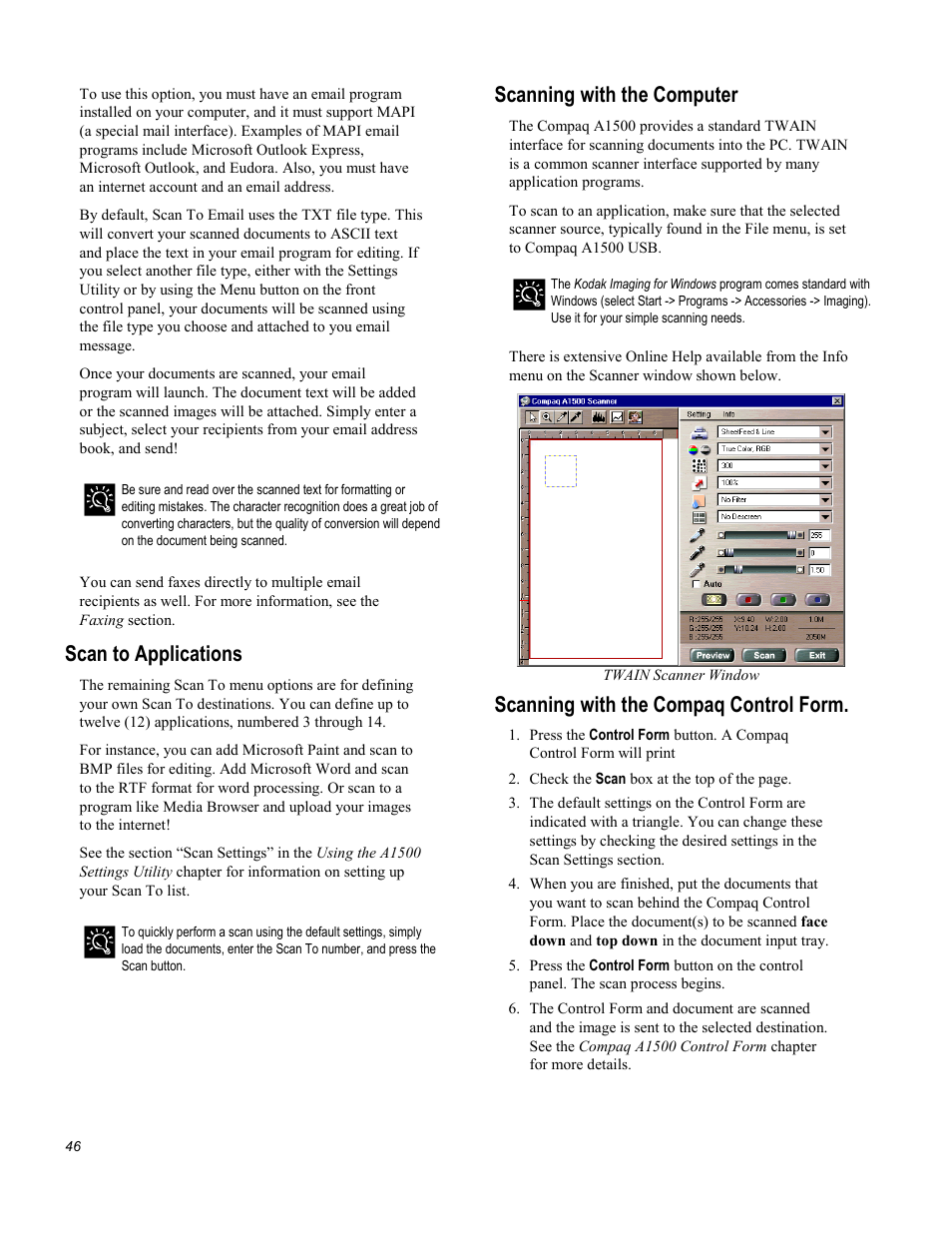 Scan to applications, Scanning with the computer, Scanning with the compaq control form | Compaq Printer A1500 User Manual | Page 50 / 81
