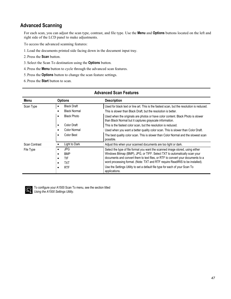 Advanced scanning, Advanced scan features | Compaq Printer A1500 User Manual | Page 51 / 81