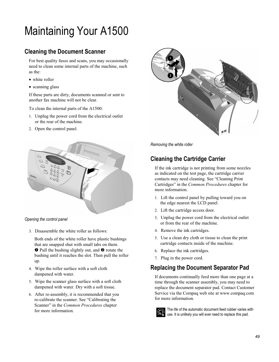 Maintaining your a1500, Cleaning the document scanner, Cleaning the cartridge carrier | Replacing the document separator pad | Compaq Printer A1500 User Manual | Page 53 / 81
