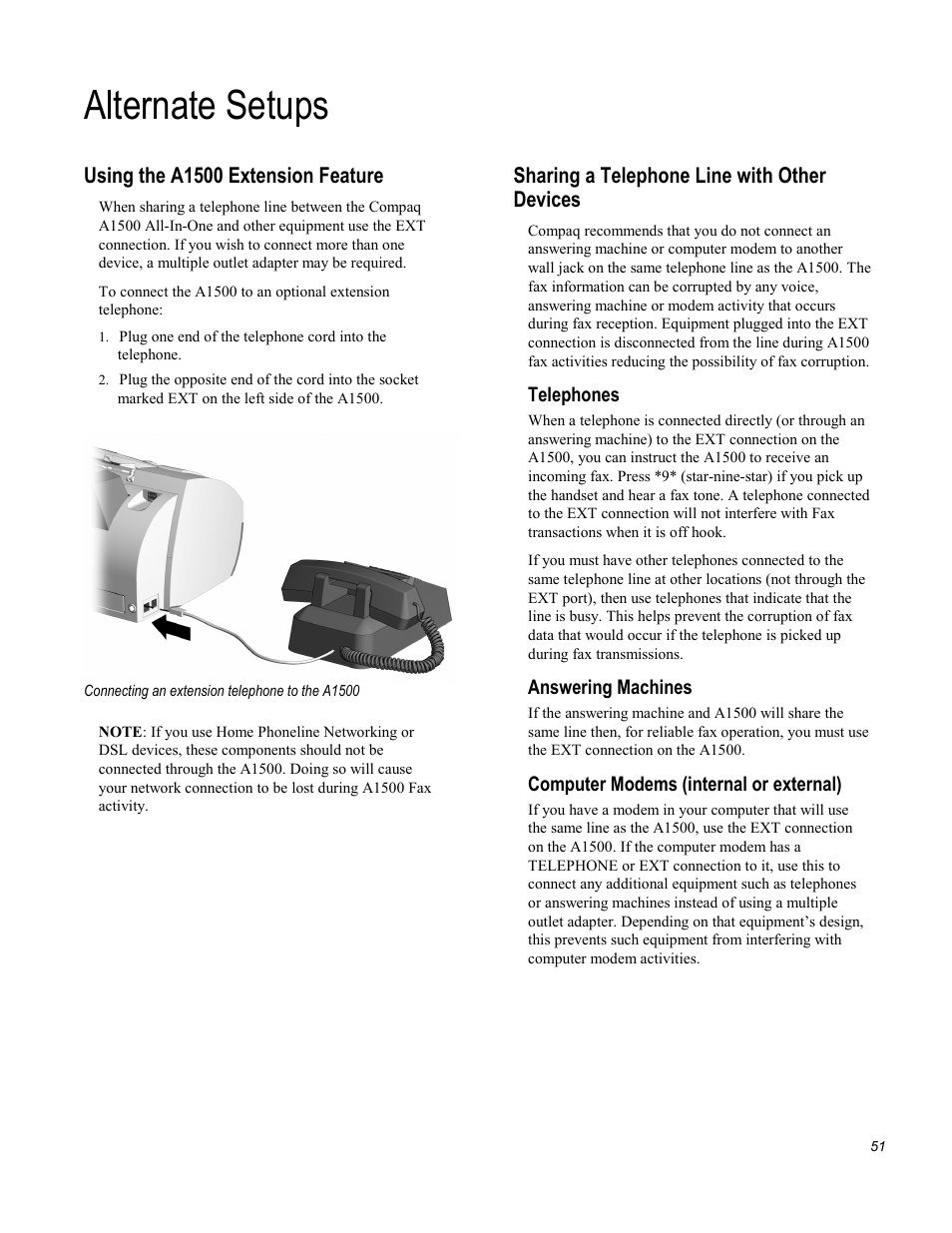 Alternate setups, Using the a1500 extension feature, Sharing a telephone line with other devices | Telephones, Answering machines, Computer modems (internal or external) | Compaq Printer A1500 User Manual | Page 55 / 81