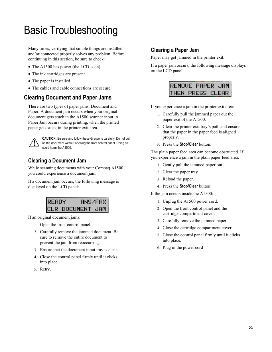 Basic troubleshooting, Clearing document and paper jams, Clearing a document jam | Clearing a paper jam | Compaq Printer A1500 User Manual | Page 59 / 81