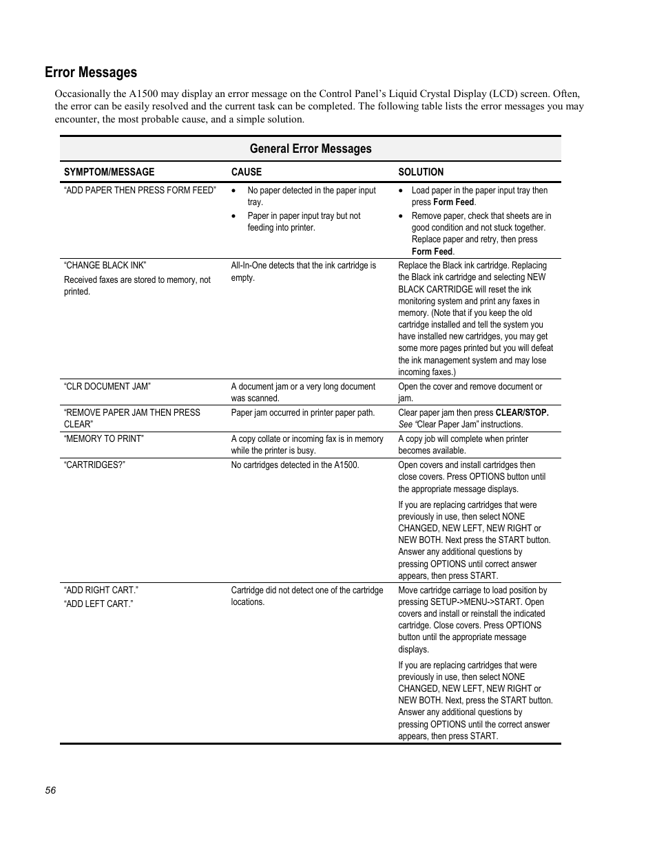 Error messages, General error messages | Compaq Printer A1500 User Manual | Page 60 / 81