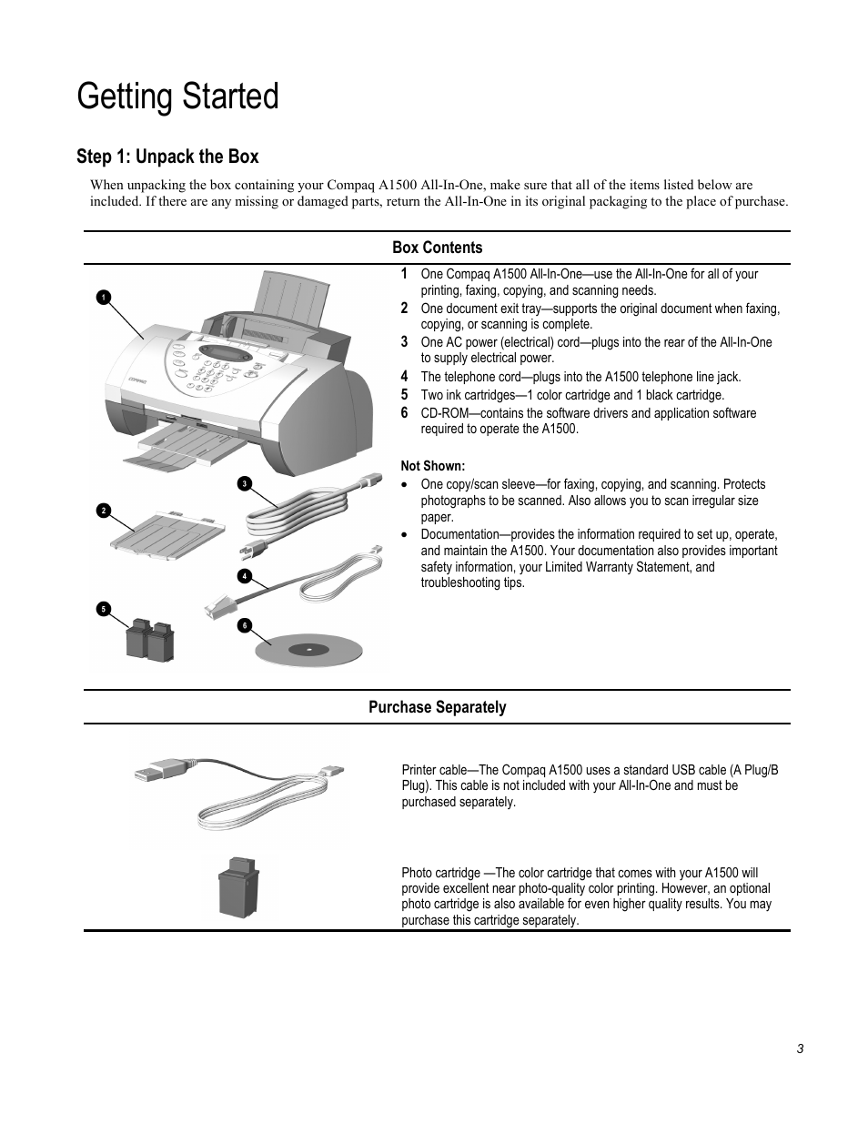 Getting started, Step 1: unpack the box | Compaq Printer A1500 User Manual | Page 7 / 81