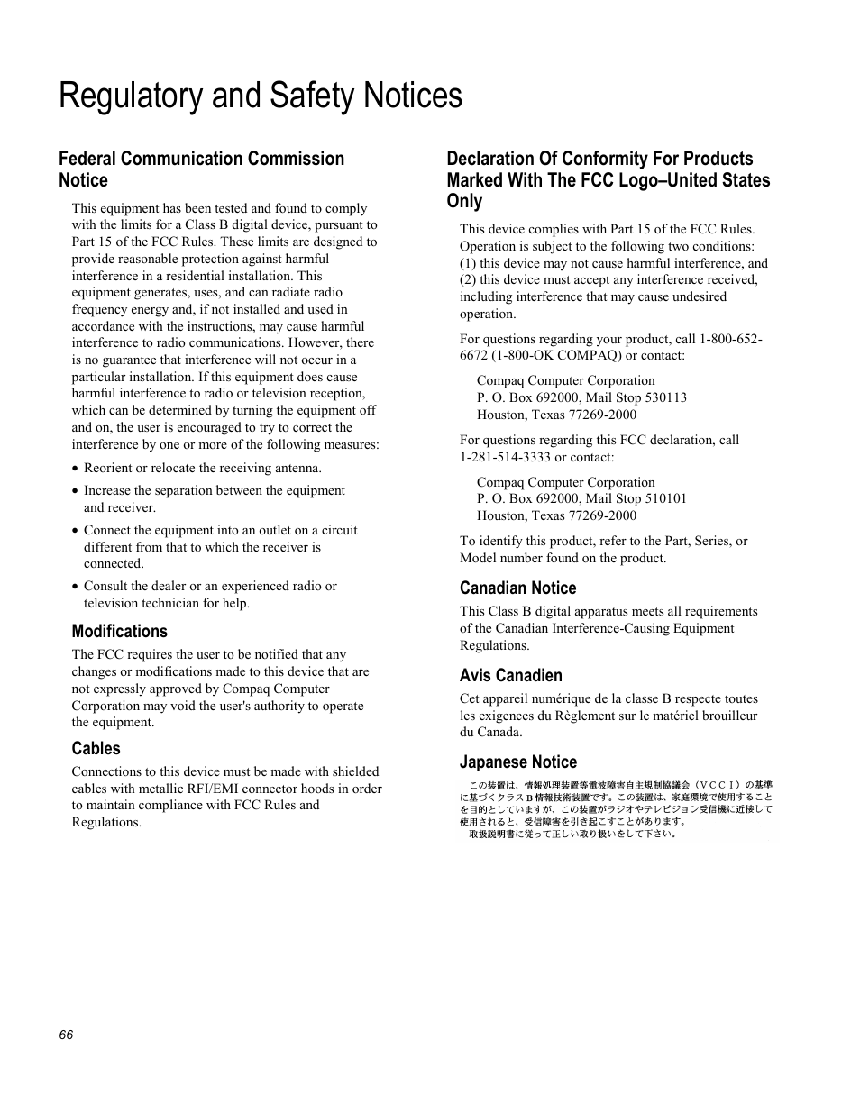 Regulatory and safety notices, Federal communication commission notice | Compaq Printer A1500 User Manual | Page 70 / 81