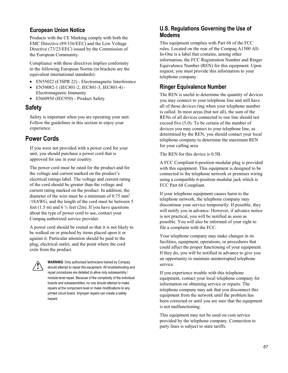 Safety, Power cords, European union notice | U.s. regulations governing the use of modems, Ringer equivalence number | Compaq Printer A1500 User Manual | Page 71 / 81