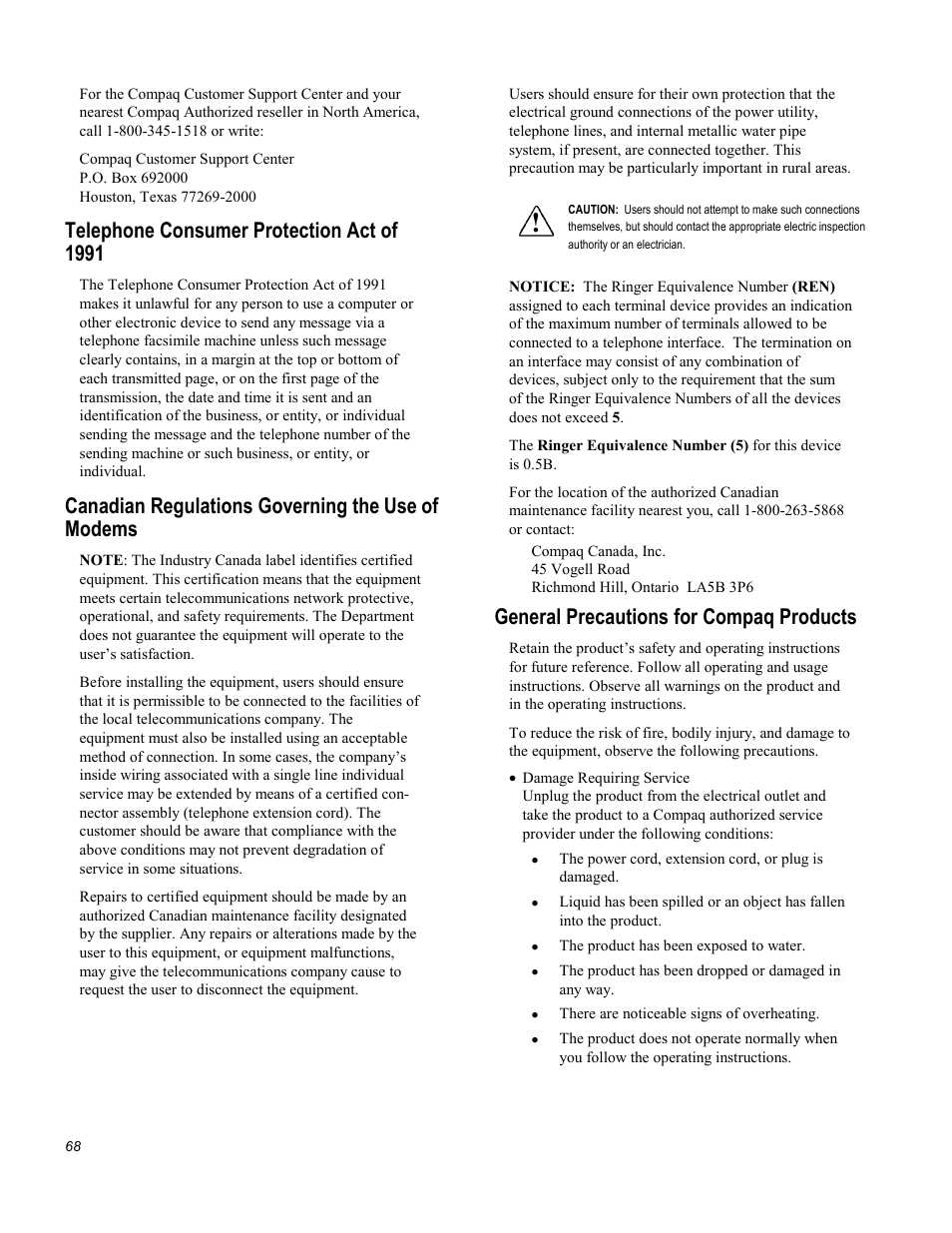 Telephone consumer protection act of 1991, Canadian regulations governing the use of modems, General precautions for compaq products | Compaq Printer A1500 User Manual | Page 72 / 81
