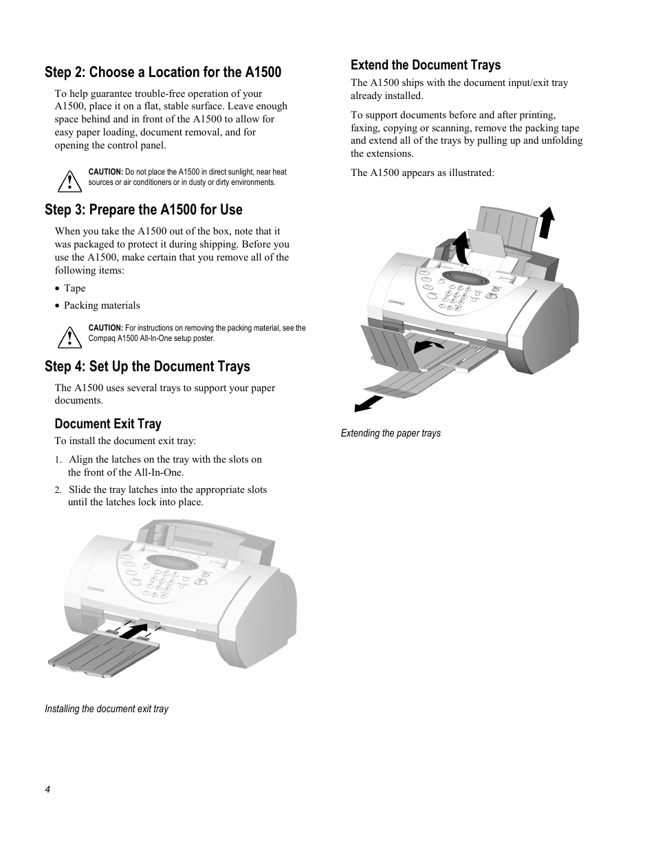Step 4: set up the document trays, Document exit tray, Extend the document trays | Compaq Printer A1500 User Manual | Page 8 / 81