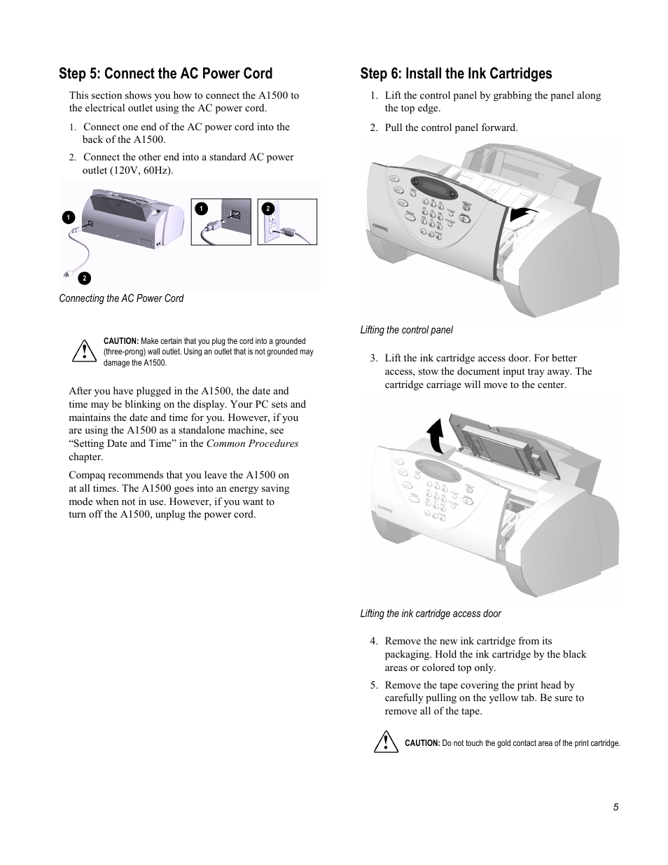 Step 5: connect the ac power cord, Step 6: install the ink cartridges | Compaq Printer A1500 User Manual | Page 9 / 81