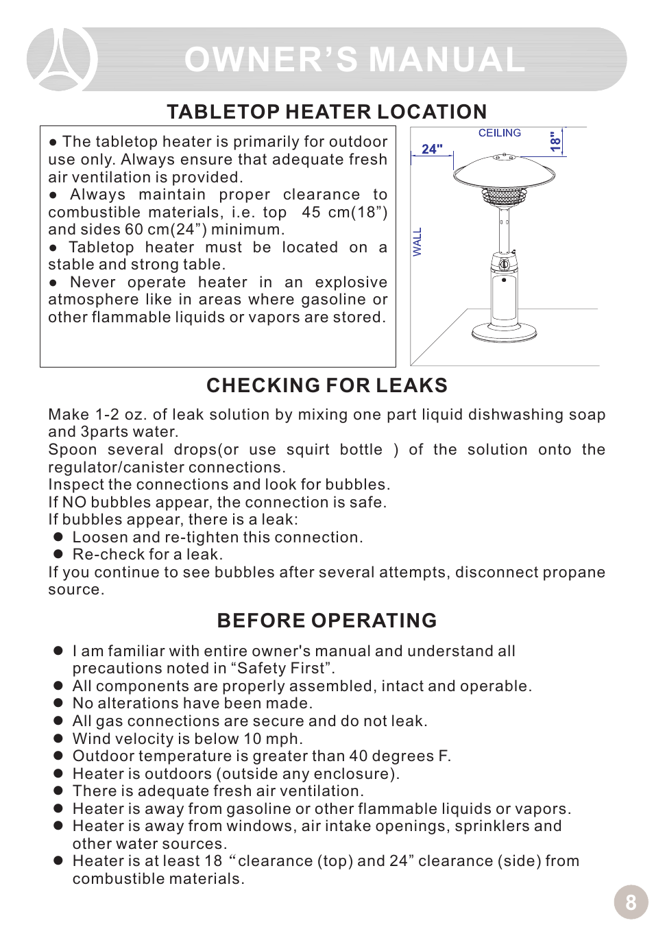 Owner’s manual, Tabletop heater location checking for leaks, Before operating | Ocean Electronic Tabletop Heater User Manual | Page 10 / 14