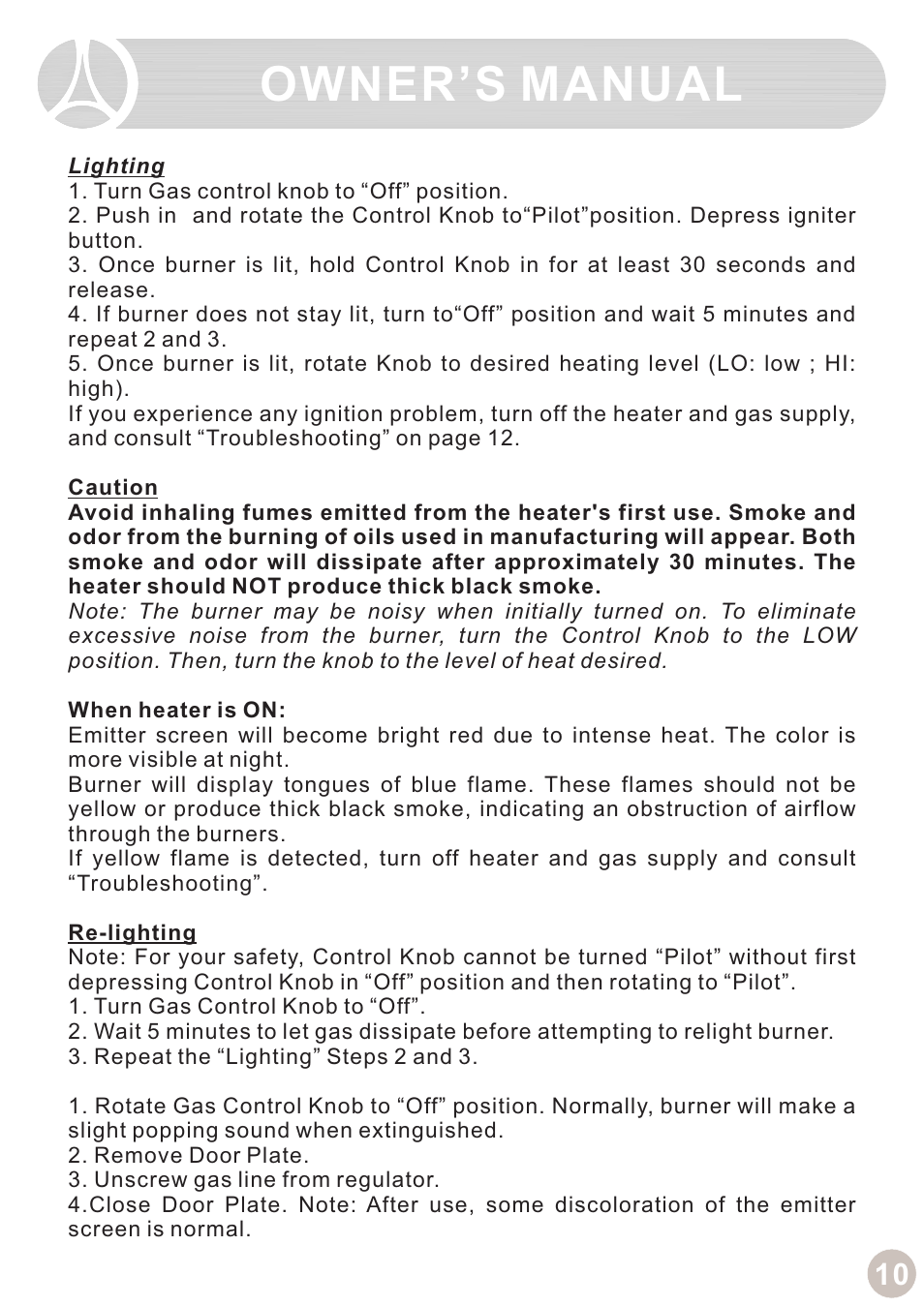 Owner’s manual | Ocean Electronic Tabletop Heater User Manual | Page 12 / 14