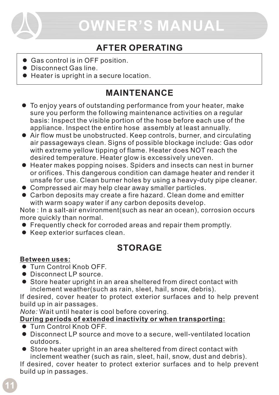 Owner’s manual, After operating maintenance storage | Ocean Electronic Tabletop Heater User Manual | Page 13 / 14