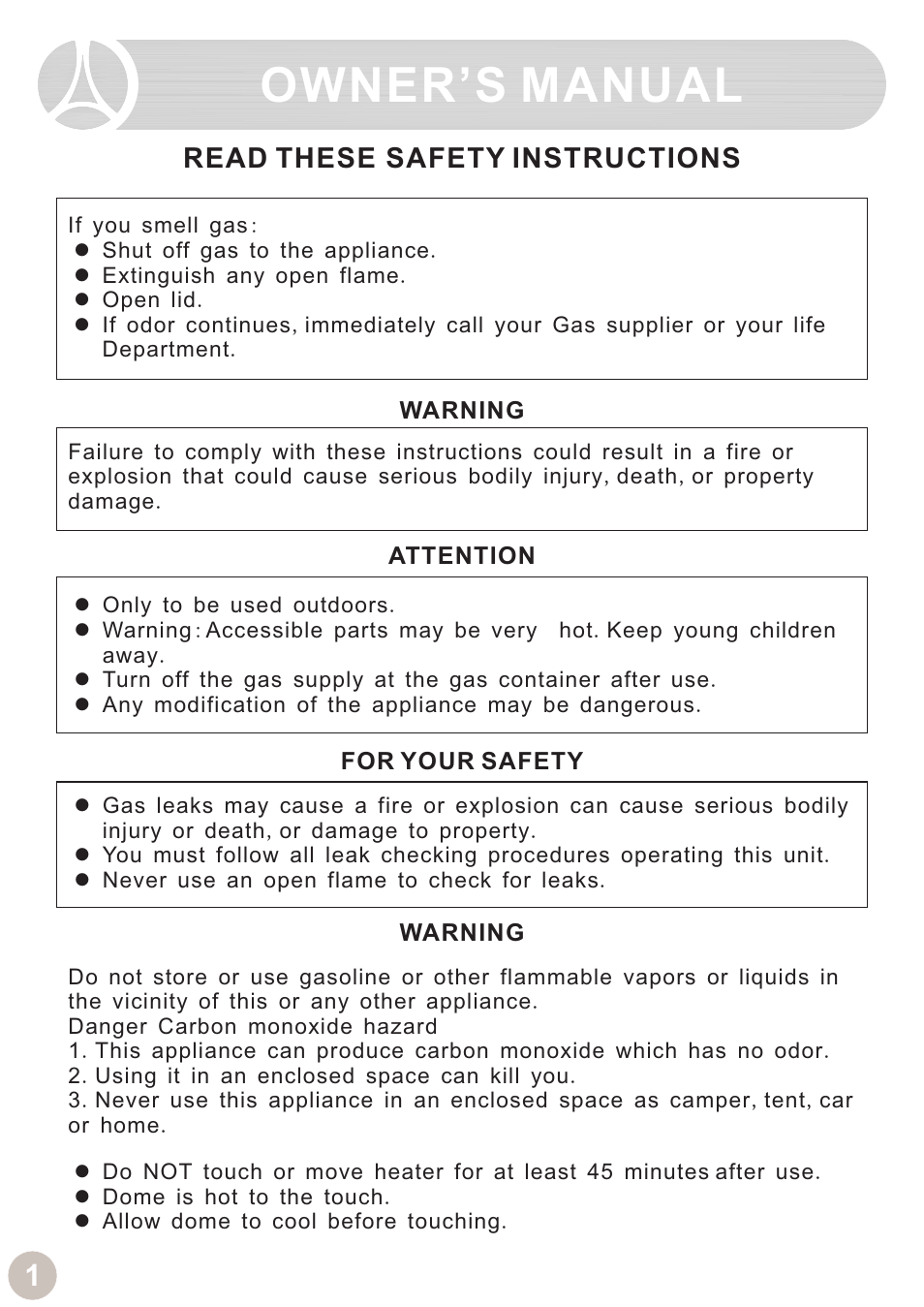 Owner’s manual, Read these safety instructions | Ocean Electronic Tabletop Heater User Manual | Page 3 / 14