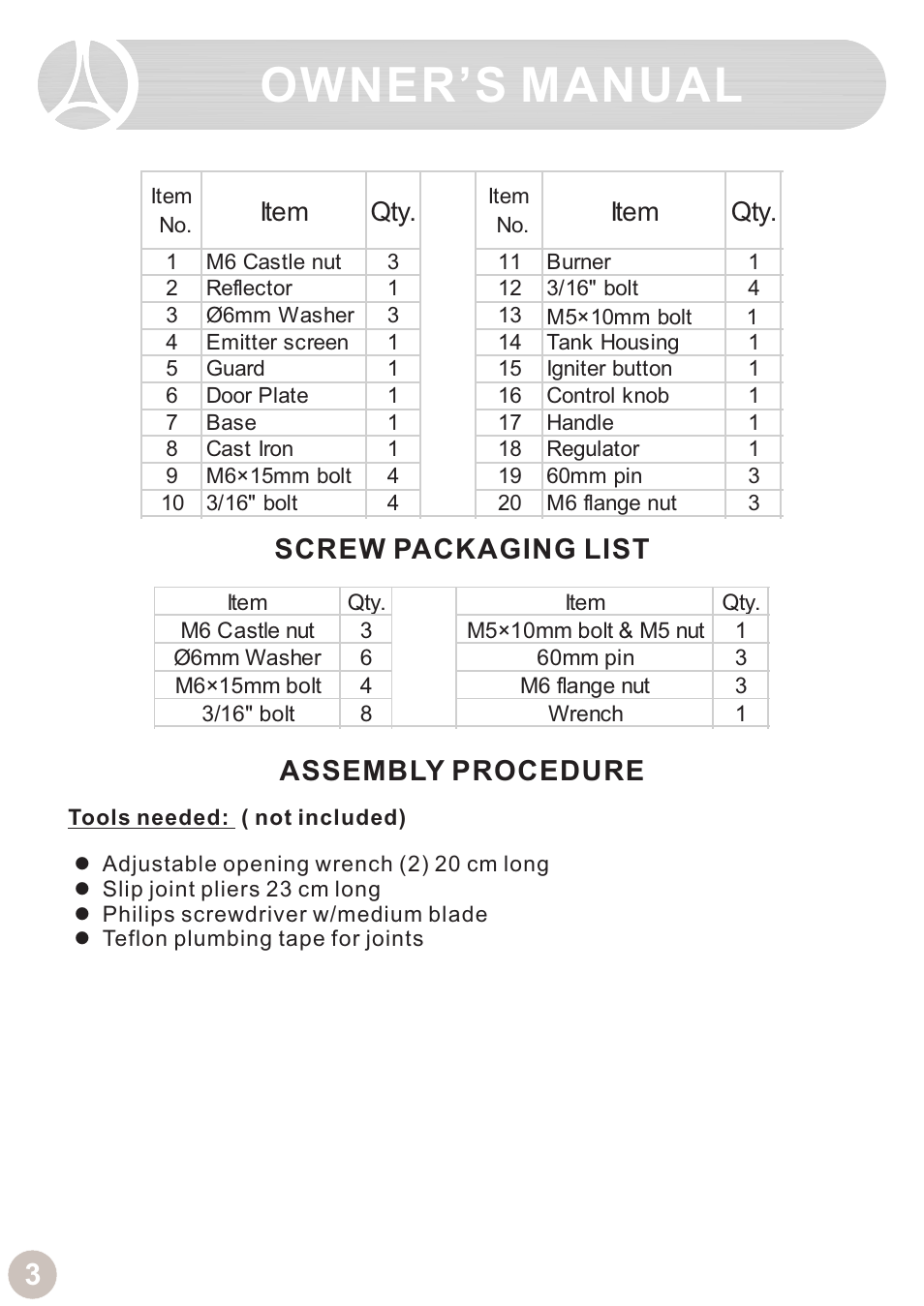 Owner’s manual, Screw packaging list, Assembly procedure | Item qty | Ocean Electronic Tabletop Heater User Manual | Page 5 / 14