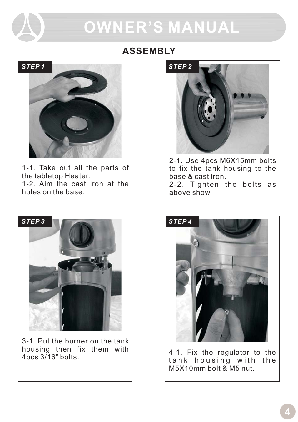 Owner’s manual, Assembly | Ocean Electronic Tabletop Heater User Manual | Page 6 / 14