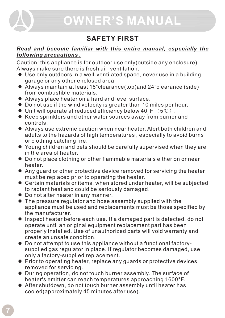 Owner’s manual, Safety first | Ocean Electronic Tabletop Heater User Manual | Page 9 / 14