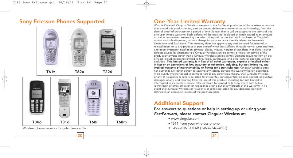One -year limited warranty, Additional support, Sony ericsson phones supported | Cingular T68m User Manual | Page 12 / 13