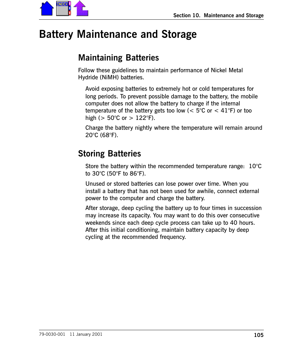 Battery maintenance and storage, Maintaining batteries, Storing batteries | Battery maintenance and storage 105, Maintaining batteries 105, Storing batteries 105 | Cingular X-C 6250 Pro (300) User Manual | Page 105 / 153