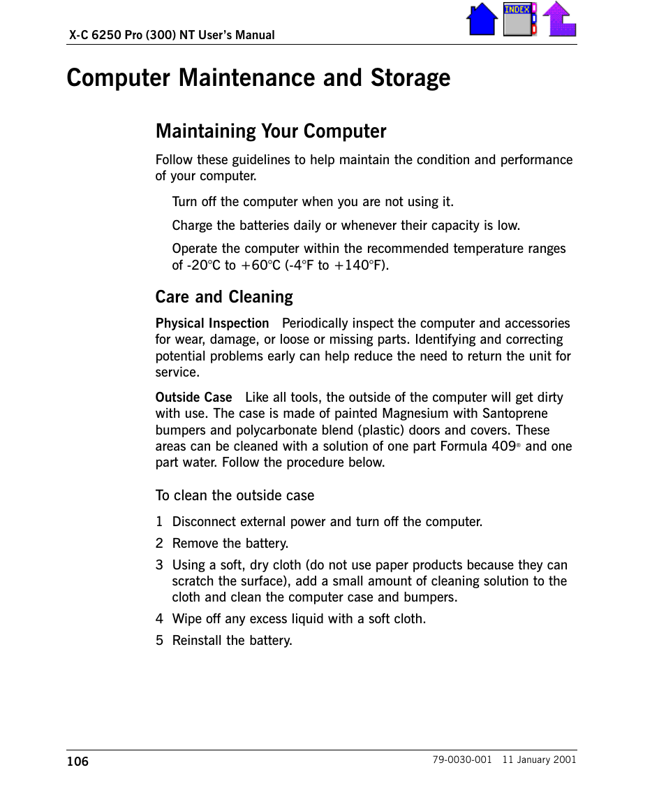 Computer maintenance and storage, Maintaining your computer, Care and cleaning | Computer maintenance and storage 106, Maintaining your computer 106, Care and cleaning 106 | Cingular X-C 6250 Pro (300) User Manual | Page 106 / 153