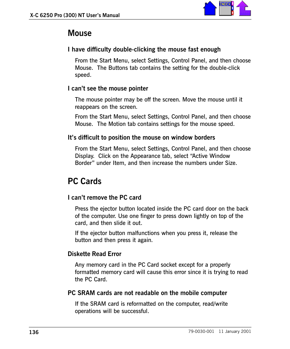 Mouse, Pc cards, Mouse 136 | Pc cards 136 | Cingular X-C 6250 Pro (300) User Manual | Page 136 / 153