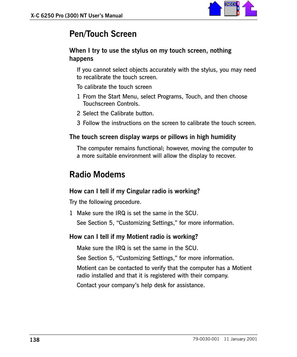 Pen/touch screen, Radio modems, Pen/touch screen 138 | Radio modems 138 | Cingular X-C 6250 Pro (300) User Manual | Page 138 / 153