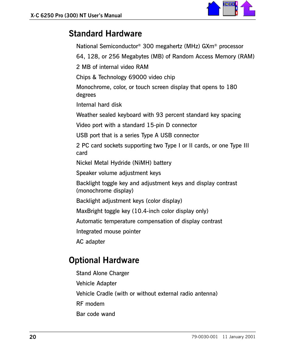 Standard hardware, Optional hardware, Standard hardware 20 | Optional hardware 20 | Cingular X-C 6250 Pro (300) User Manual | Page 20 / 153