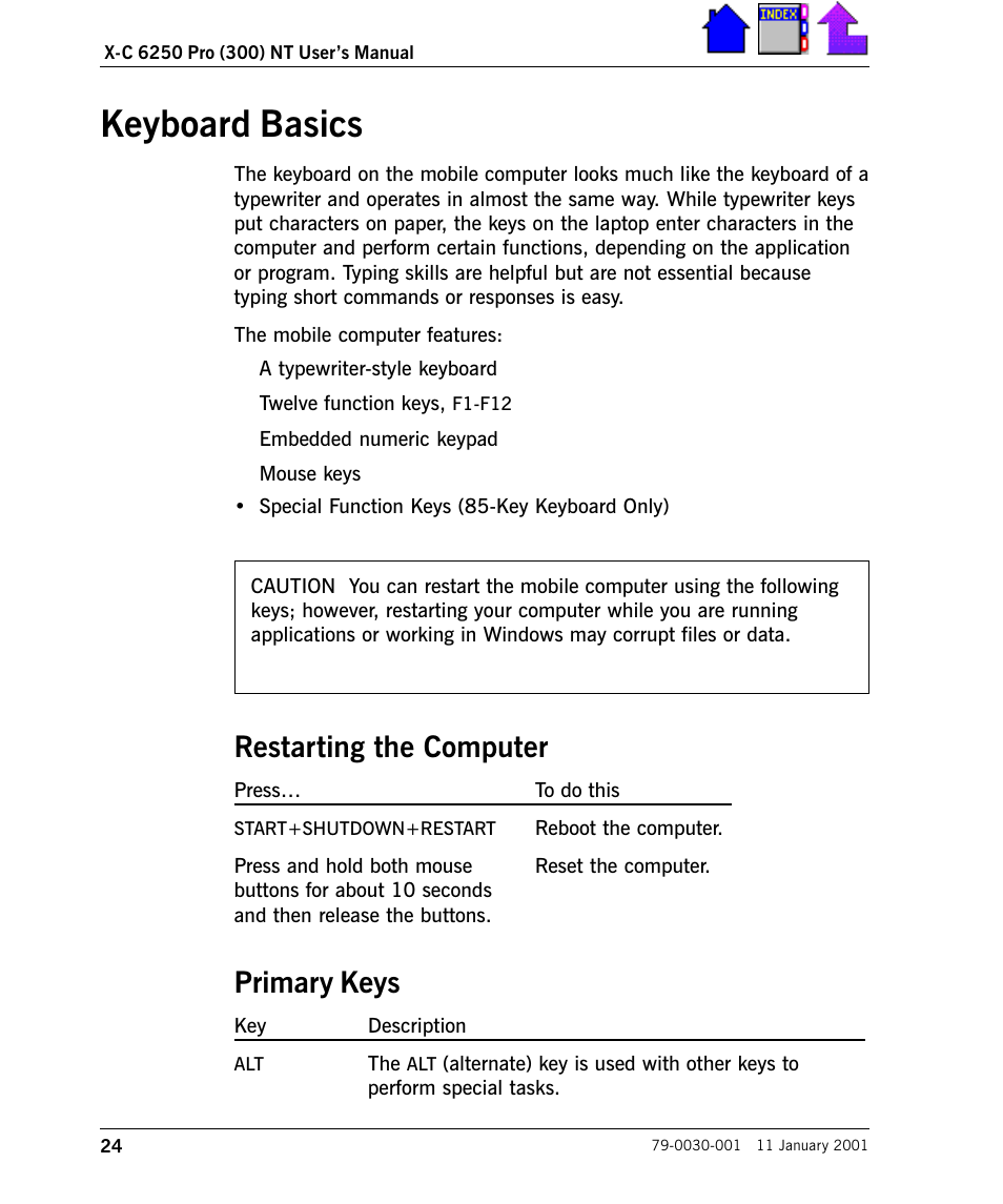 Keyboard basics, Restarting the computer, Primary keys | Keyboard basics 24, Restarting the computer 24, Primary keys 24 | Cingular X-C 6250 Pro (300) User Manual | Page 24 / 153