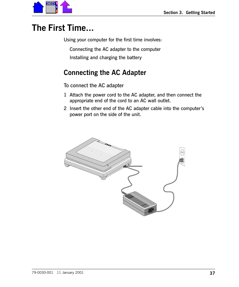 The first time, Connecting the ac adapter, Connecting the ac adapter 37 | Cingular X-C 6250 Pro (300) User Manual | Page 37 / 153