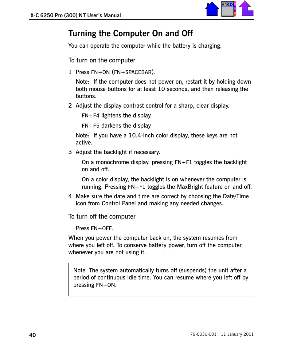 Turning the computer on and off, Turning the computer on and off 40 | Cingular X-C 6250 Pro (300) User Manual | Page 40 / 153