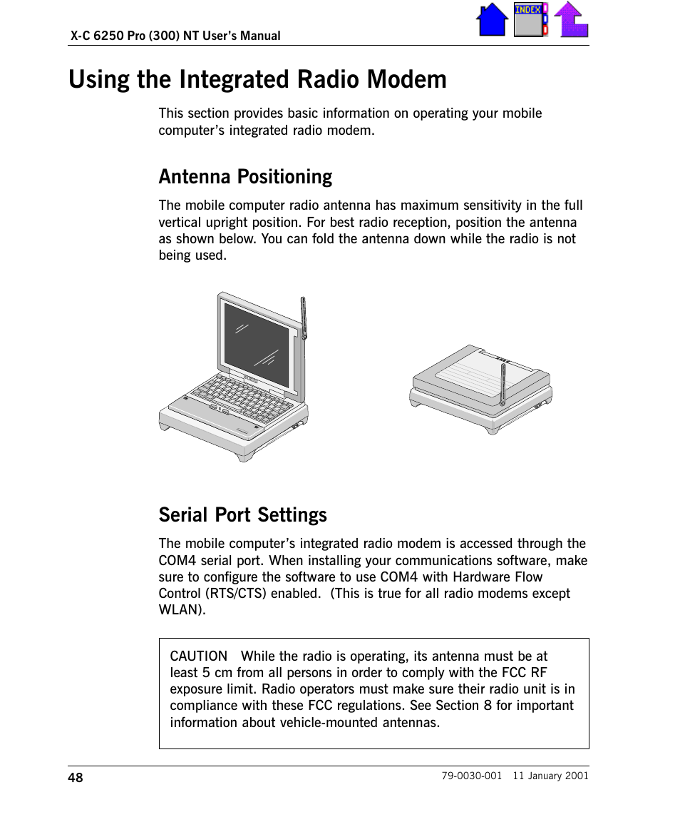 Antenna positioning, Serial port settings, Radio indicator light | Antenna positioning 48, Serial port settings 48, Radio indicator light 49, Using the integrated radio modem | Cingular X-C 6250 Pro (300) User Manual | Page 48 / 153