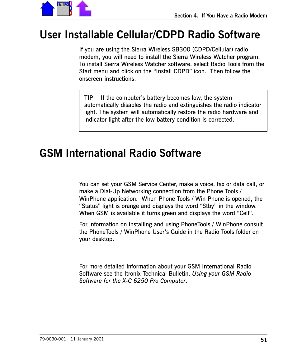 User installable cellular/cdpd radio software, Gsm international radio software | Cingular X-C 6250 Pro (300) User Manual | Page 51 / 153