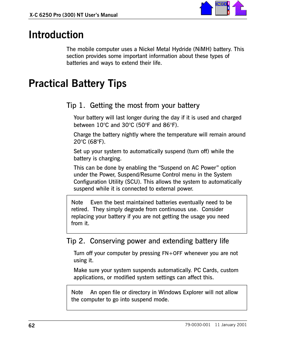 Introduction practical battery tips, Introduction 62 practical battery tips 62, Introduction | Practical battery tips, Tip 1. getting the most from your battery, Tip 2. conserving power and extending battery life | Cingular X-C 6250 Pro (300) User Manual | Page 62 / 153