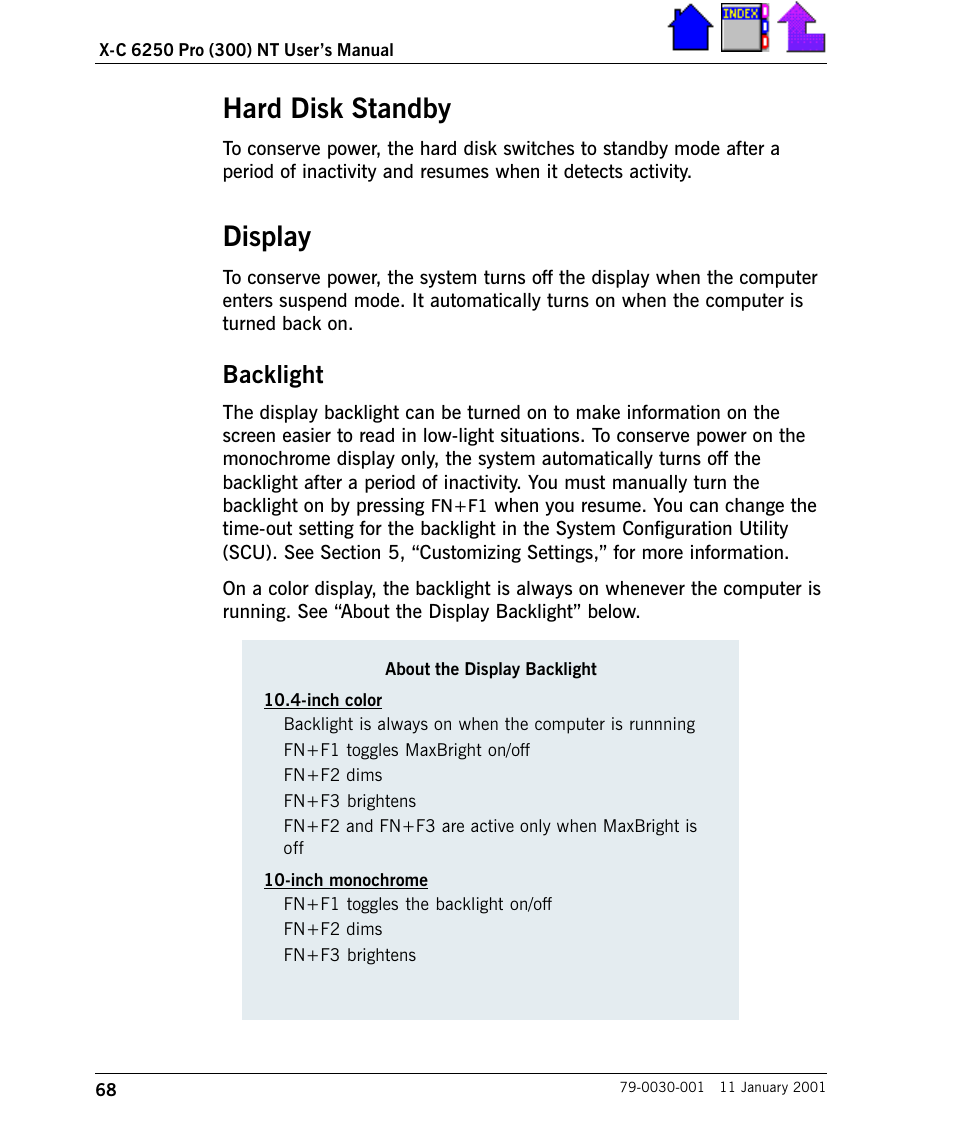 Hard disk standby, Display, Backlight | Cingular X-C 6250 Pro (300) User Manual | Page 68 / 153