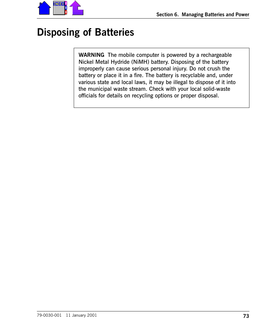 Disposing of batteries, Disposing of batteries 73 | Cingular X-C 6250 Pro (300) User Manual | Page 73 / 153