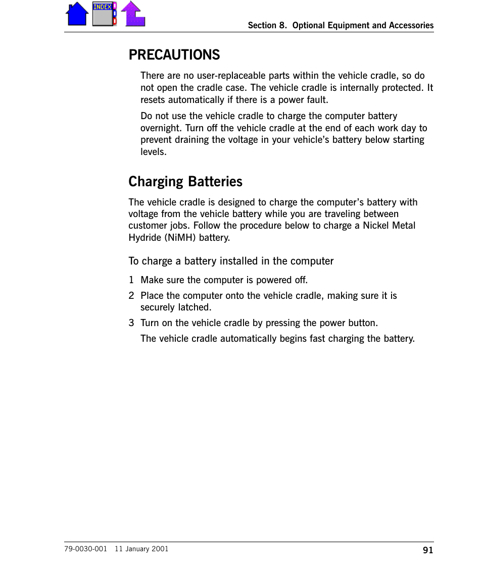 Vehicle cradle, Precautions, Charging batteries | Vehicle cradle 91 | Cingular X-C 6250 Pro (300) User Manual | Page 91 / 153