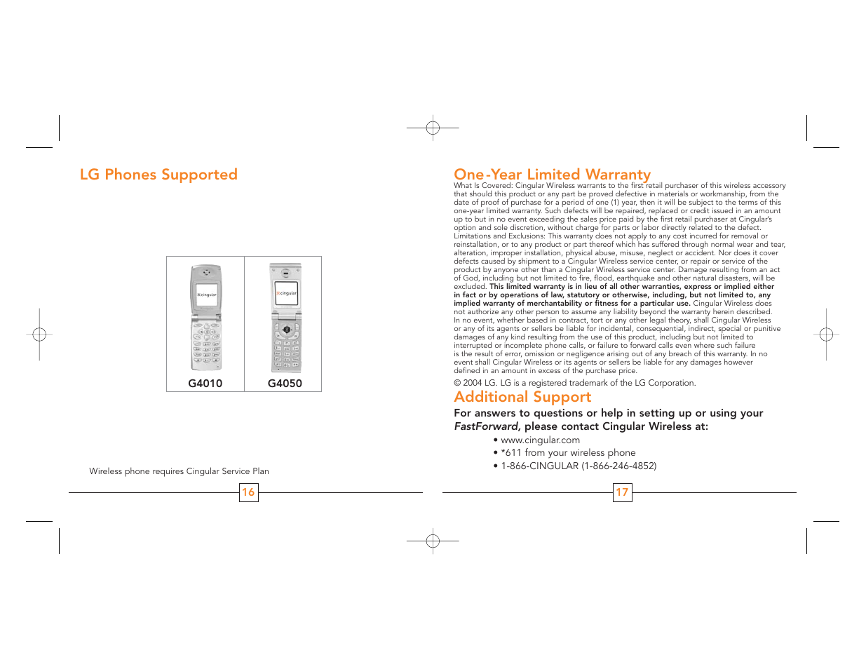 One -year limited warranty, Additional support, Lg phones supported | Cingular G4010 User Manual | Page 10 / 11