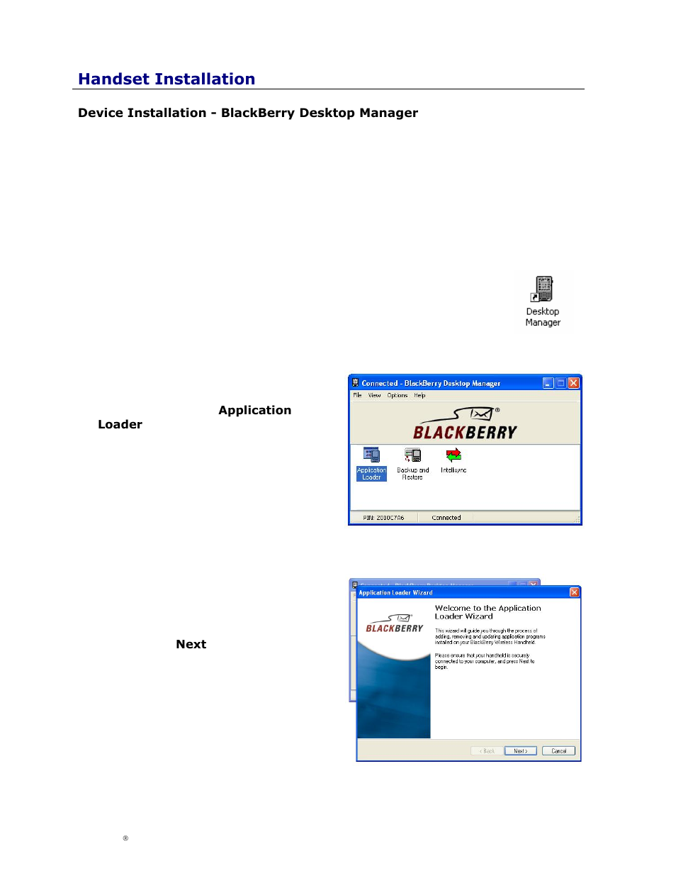 Device installation - blackberry desktop manager, Evice, Nstallation | Lack, Erry, Esktop, Anager, Handset installation | Cingular Amzer Smart Keyboard User Manual | Page 12 / 37