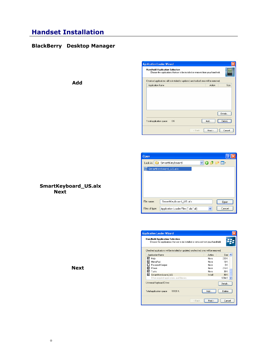 Handset installation | Cingular Amzer Smart Keyboard User Manual | Page 13 / 37