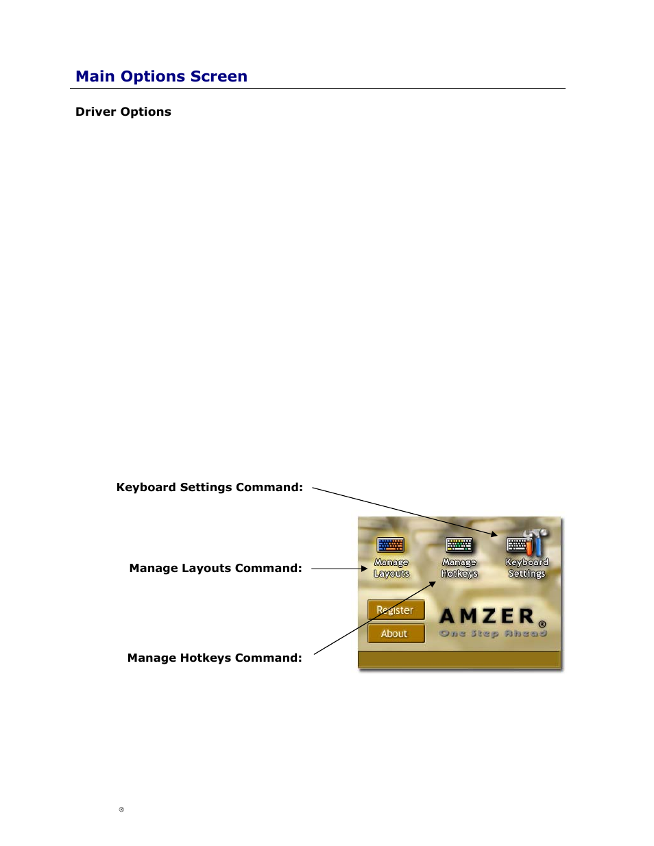 Main options screen, Driver options, River | Ptions | Cingular Amzer Smart Keyboard User Manual | Page 19 / 37