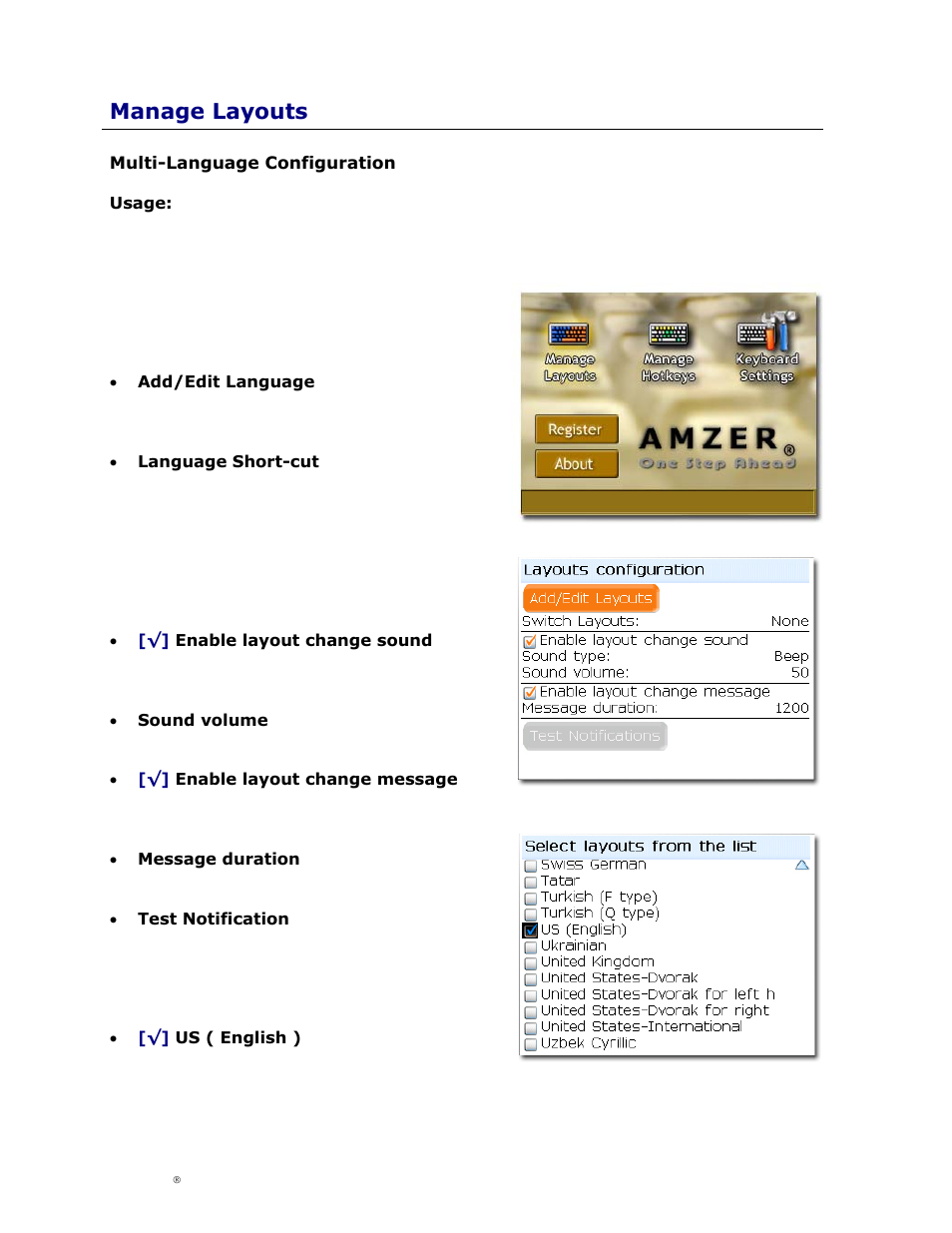Manage layouts, Multi-language configuration, Ulti | Anguage, Onfiguration | Cingular Amzer Smart Keyboard User Manual | Page 20 / 37