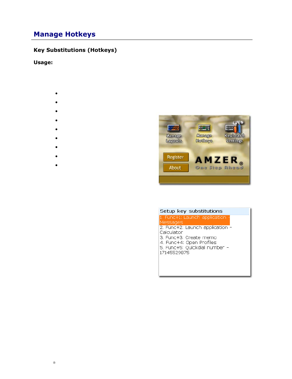 Manage hotkeys, Key substitutions (hotkeys), Ubstitutions | Otkeys | Cingular Amzer Smart Keyboard User Manual | Page 21 / 37