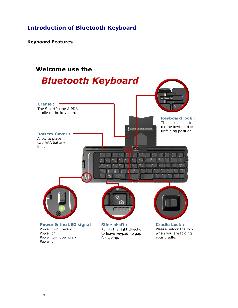 Introduction of bluetooth keyboard, Keyboard features, Eyboard | Eatures | Cingular Amzer Smart Keyboard User Manual | Page 26 / 37