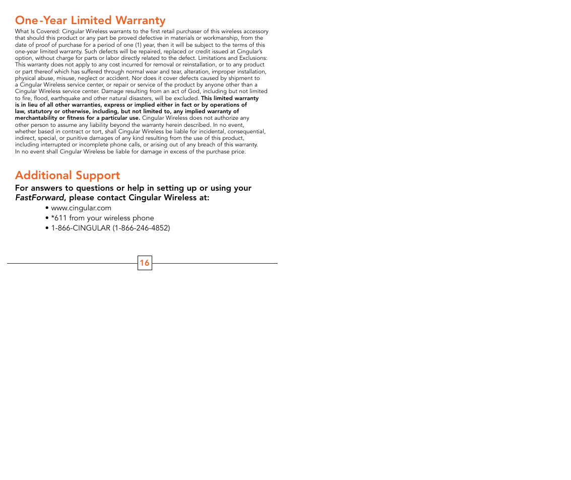 One -year limited warranty, Additional support | Cingular 6340 User Manual | Page 10 / 11