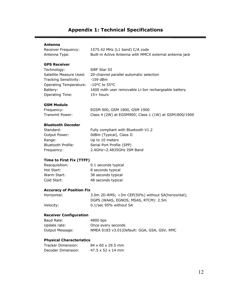 Appendix 1: technical specifications | Cingular TR-1 User Manual | Page 12 / 16