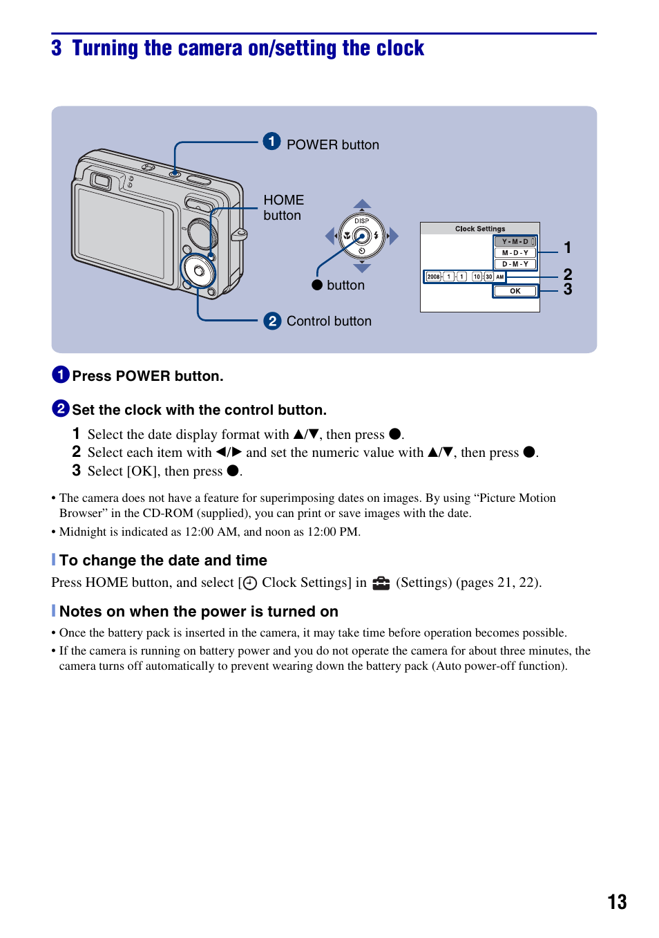 3 turning the camera on/setting the clock | Sony DSC-W300 User Manual | Page 13 / 40