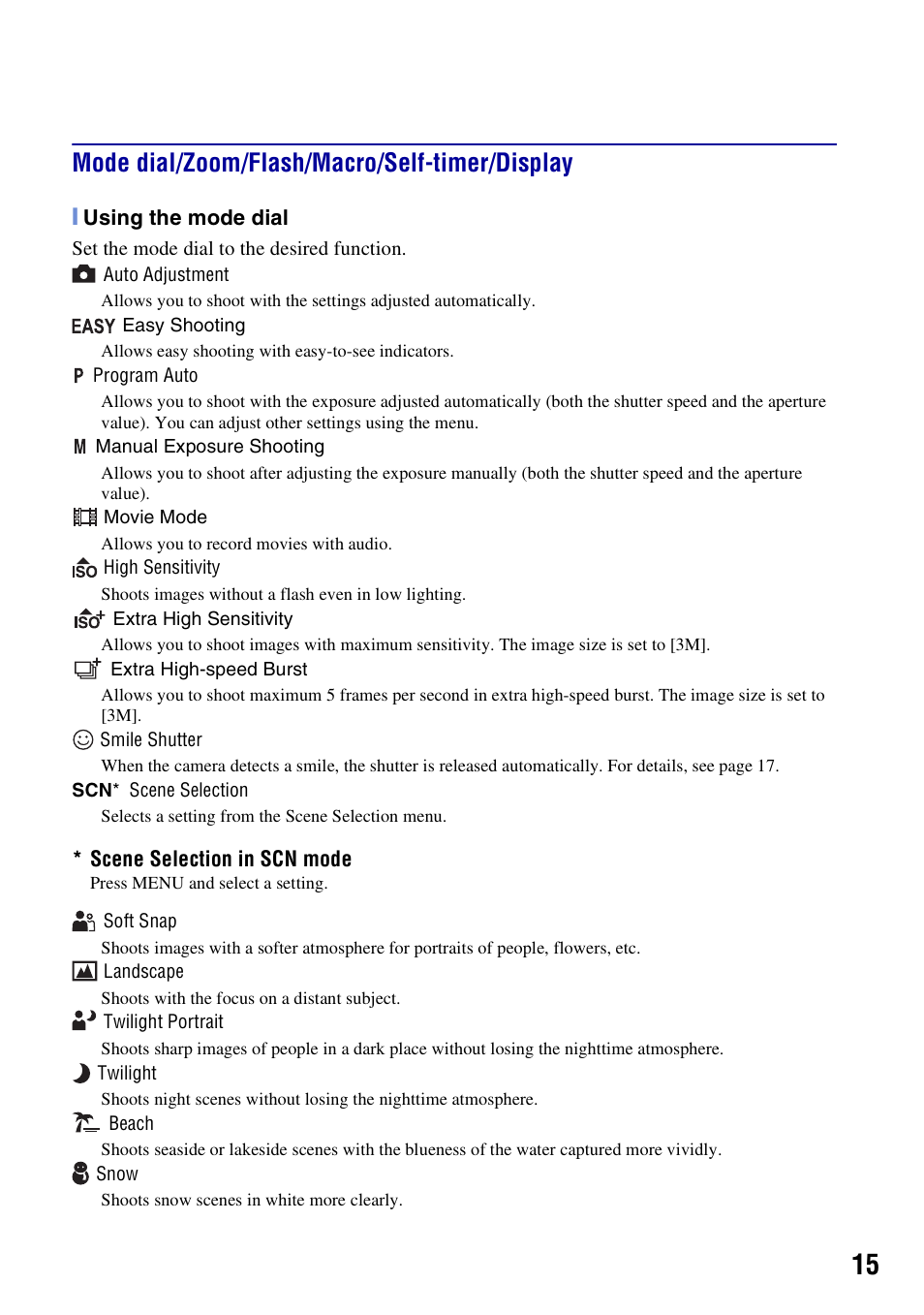 Mode dial/zoom/flash/macro/self-timer/display | Sony DSC-W300 User Manual | Page 15 / 40