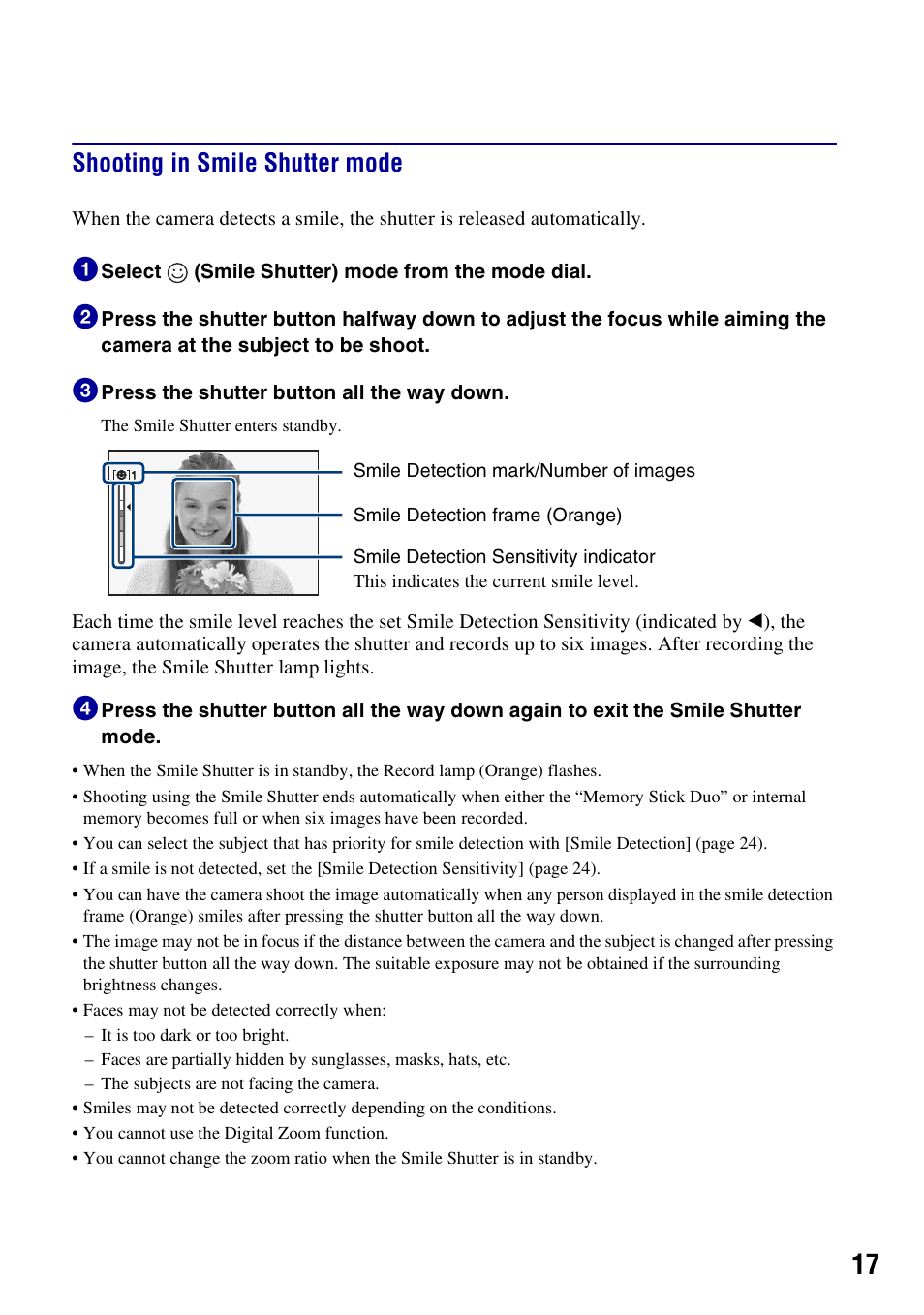 Shooting in smile shutter mode | Sony DSC-W300 User Manual | Page 17 / 40