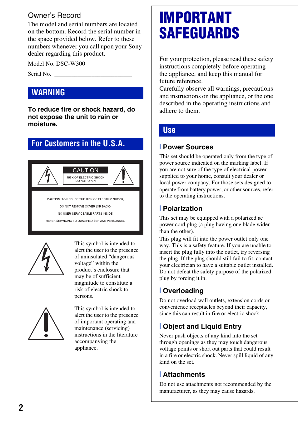 Important safeguards, Warning for customers in the u.s.a | Sony DSC-W300 User Manual | Page 2 / 40