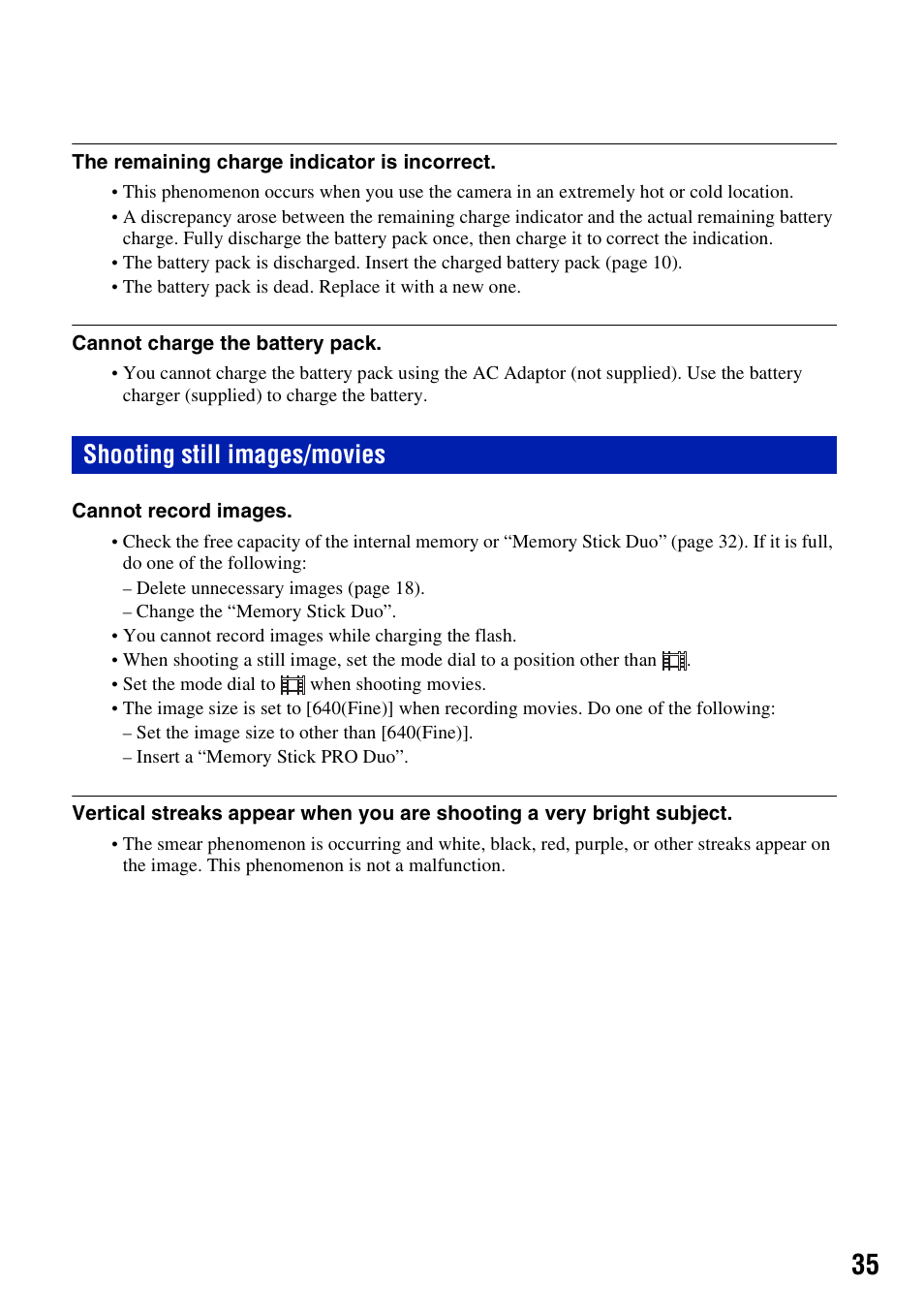 Shooting still images/movies | Sony DSC-W300 User Manual | Page 35 / 40